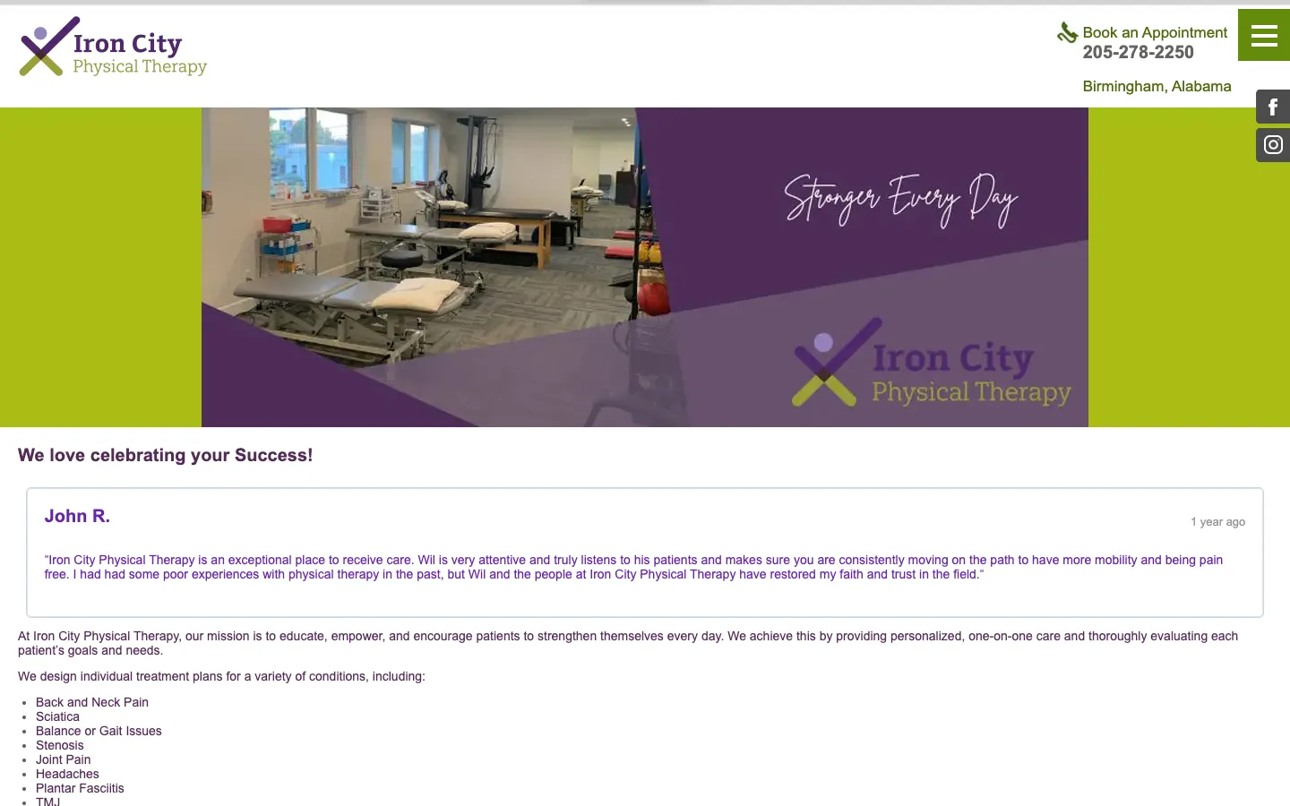 The current Iron City Physical Therapy website